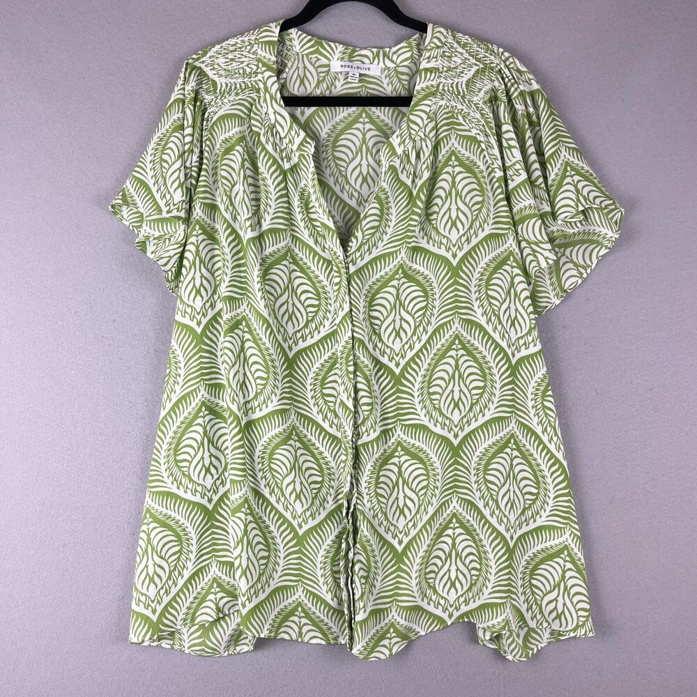 Rose Olive Tunic Top Womens 3X Green Printed Short Sleeve Button Front Smocked